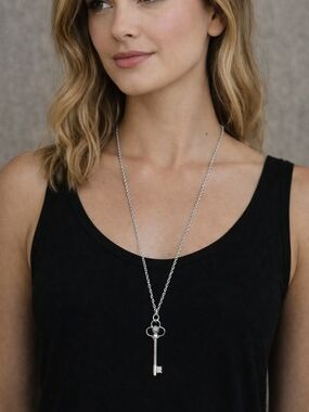Silver Key Pendant Necklace – Long Elegant Chain